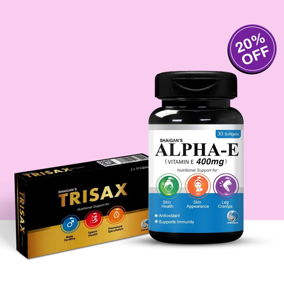 Alpha-e Vitamin E capsules + Trisax men's health supplements