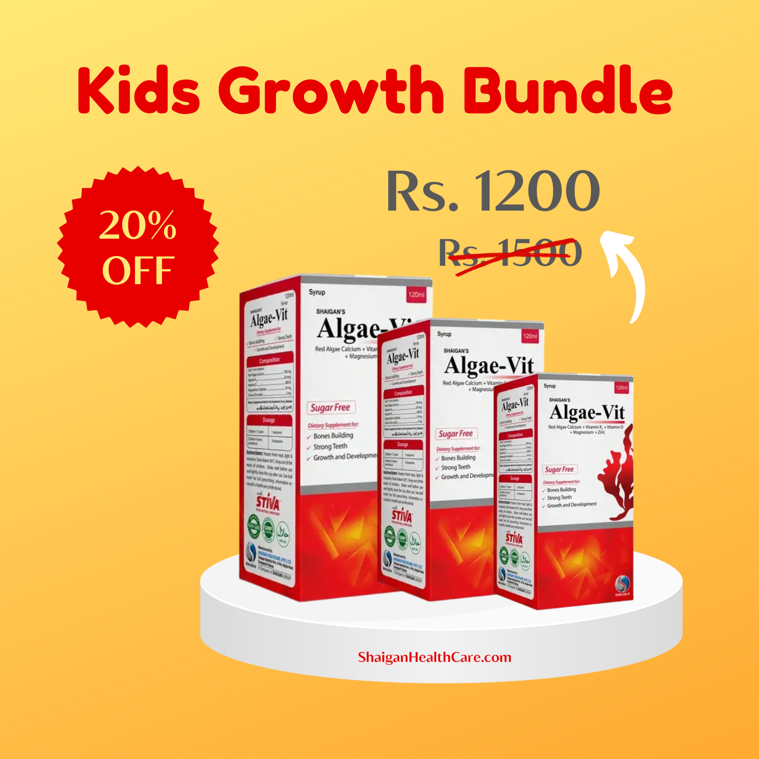 Algae-Vit Syrup Bundle of 3 | Kids Healthy Growth | Bone, Joint & Muscle Supplements Shaigan Health Care